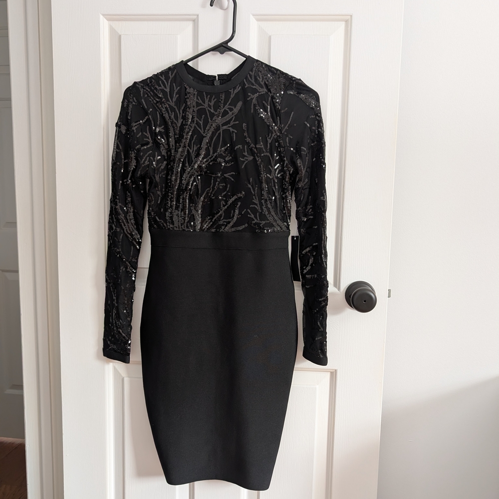 NWT VENUS Women's Elegant Black Sequin Long Sleeve Bodycon Dress XS